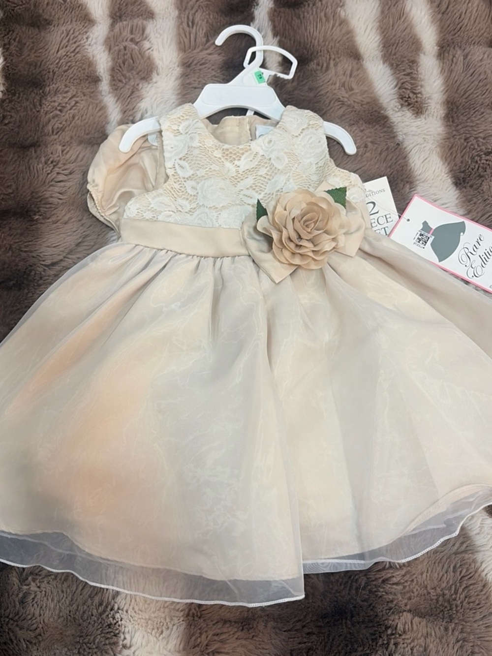Girls' Cream Lace & Organza Flower Party Dress